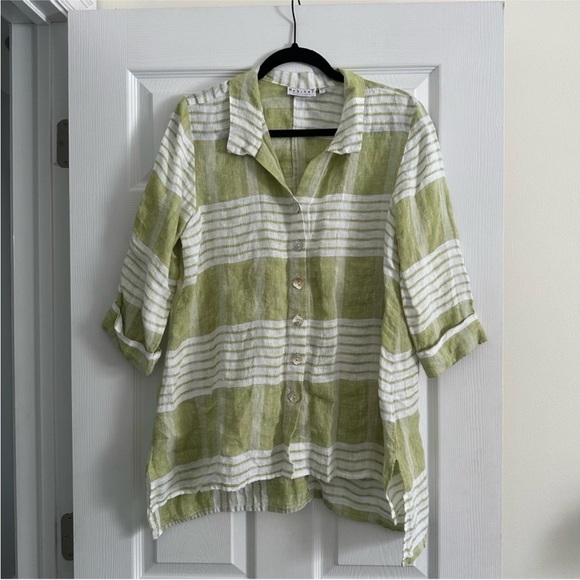 Size S Habitat Green and White 100% Linen Button Down Shirt - Picture 1 of 5